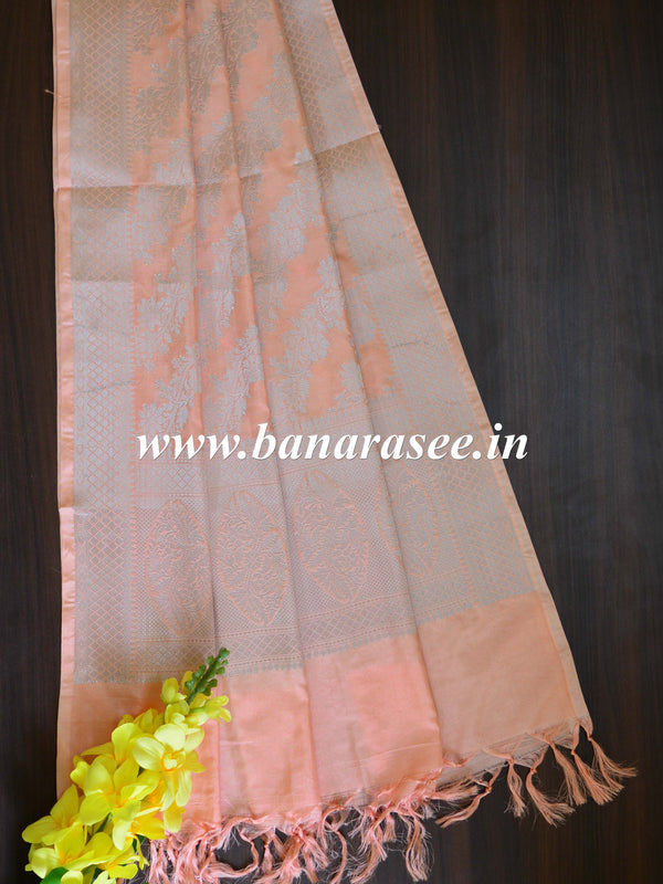 Banarasee Art Silk Dupatta Floral Stripes Design-Peach