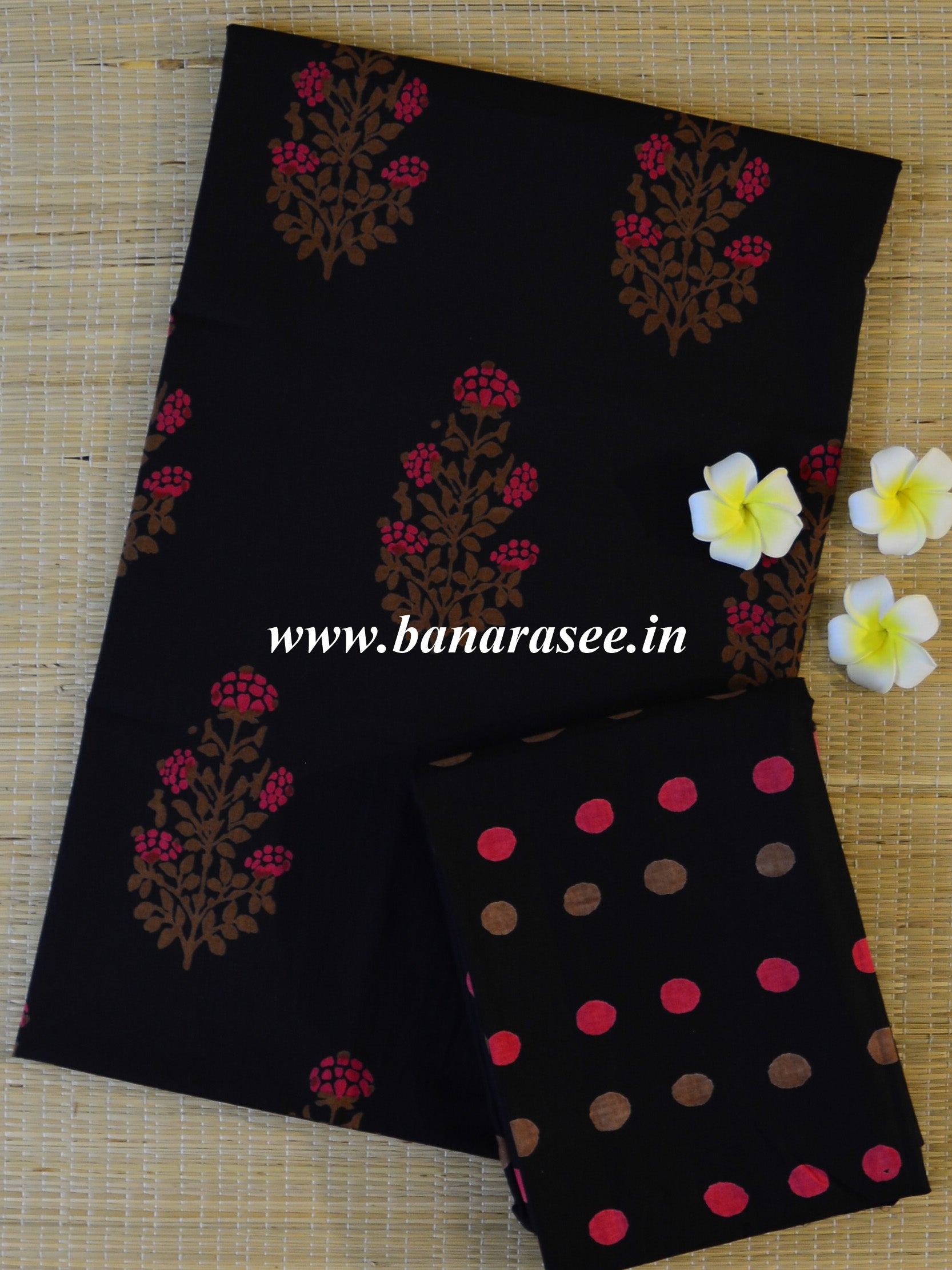 Handloom Mul Cotton Kameez & Bottom Set-Black