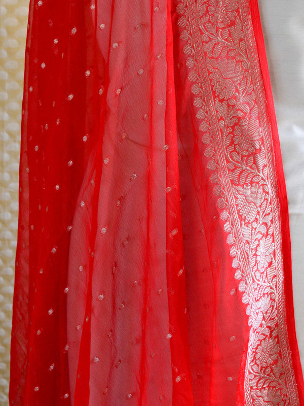 Banarasee Handwoven Pure Chiffon Dupatta Buti Design In Silver Zari-Red