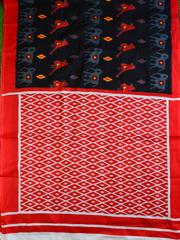 Handloom Mul Cotton Ajrakh Print Saree-Black & Red