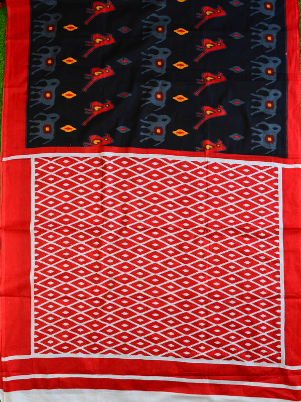 Handloom Mul Cotton Ajrakh Print Saree-Black & Red