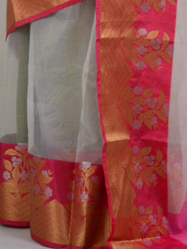 Banarasee Organza Mix Saree With Sona Rupa Zari & Satin Border-White