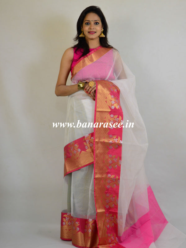 Banarasee Organza Mix Saree With Sona Rupa Zari & Satin Border-White