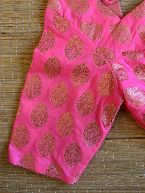 Banarasee Pure Silk Brocade Fabric Blouse-Neon Pink
