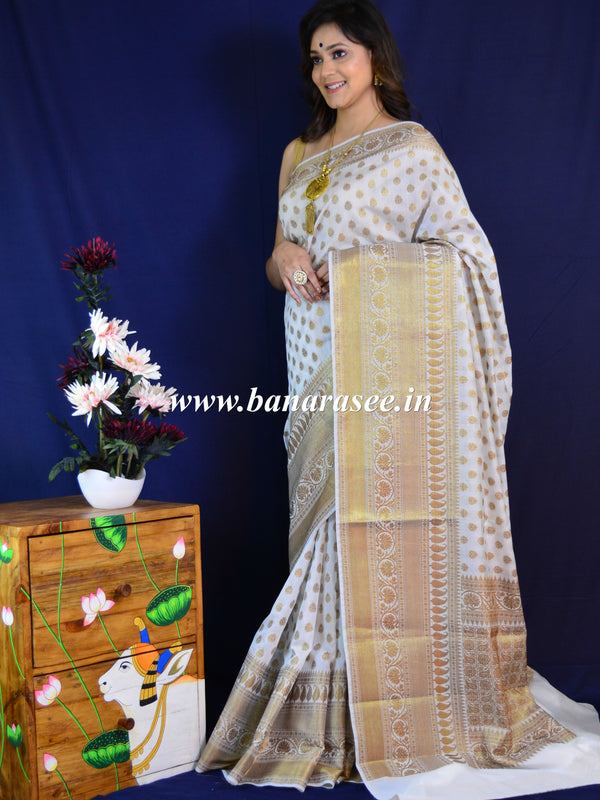 Banarasee Handwoven Semi Silk Saree With Antique Zari Border-White