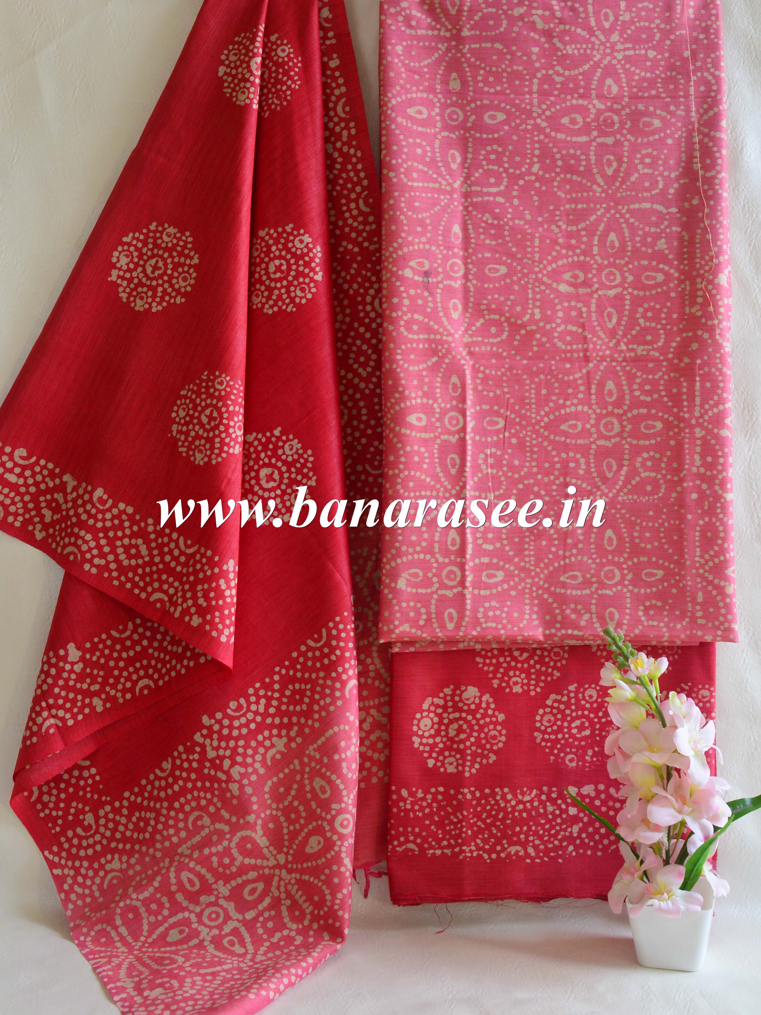 Pure Handloom Khadi Cotton Hand-Dyed Batik Pattern Salwar Kameez Dupatta Set-Red