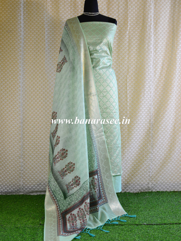 Banarasee Chanderi Cotton Salwar Kameez Zari Buti Fabric With Digital Print Dupatta-Green