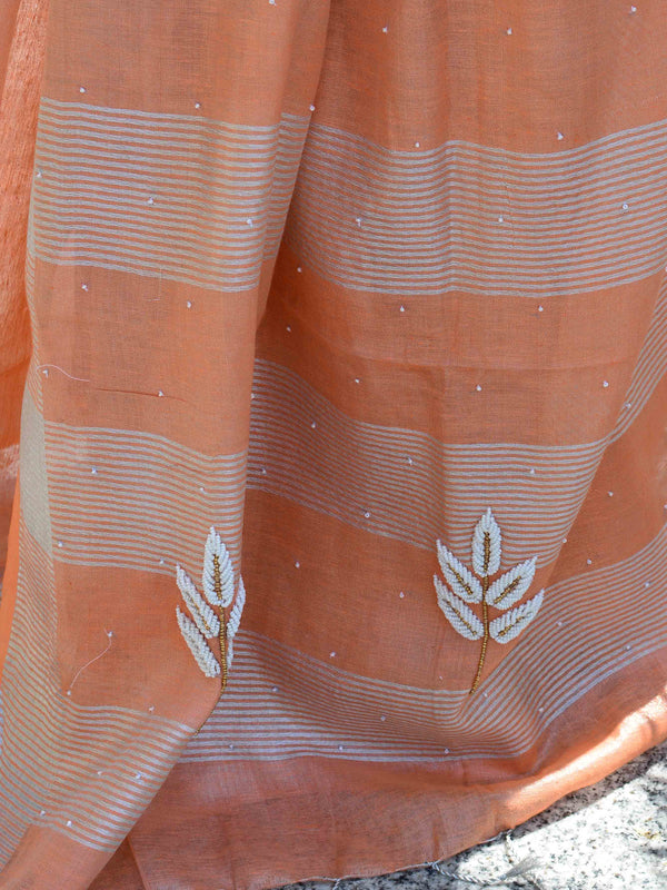 Banarasee Handloom Pure Linen By Tissue Saree With Pearl Embroidery-Peach