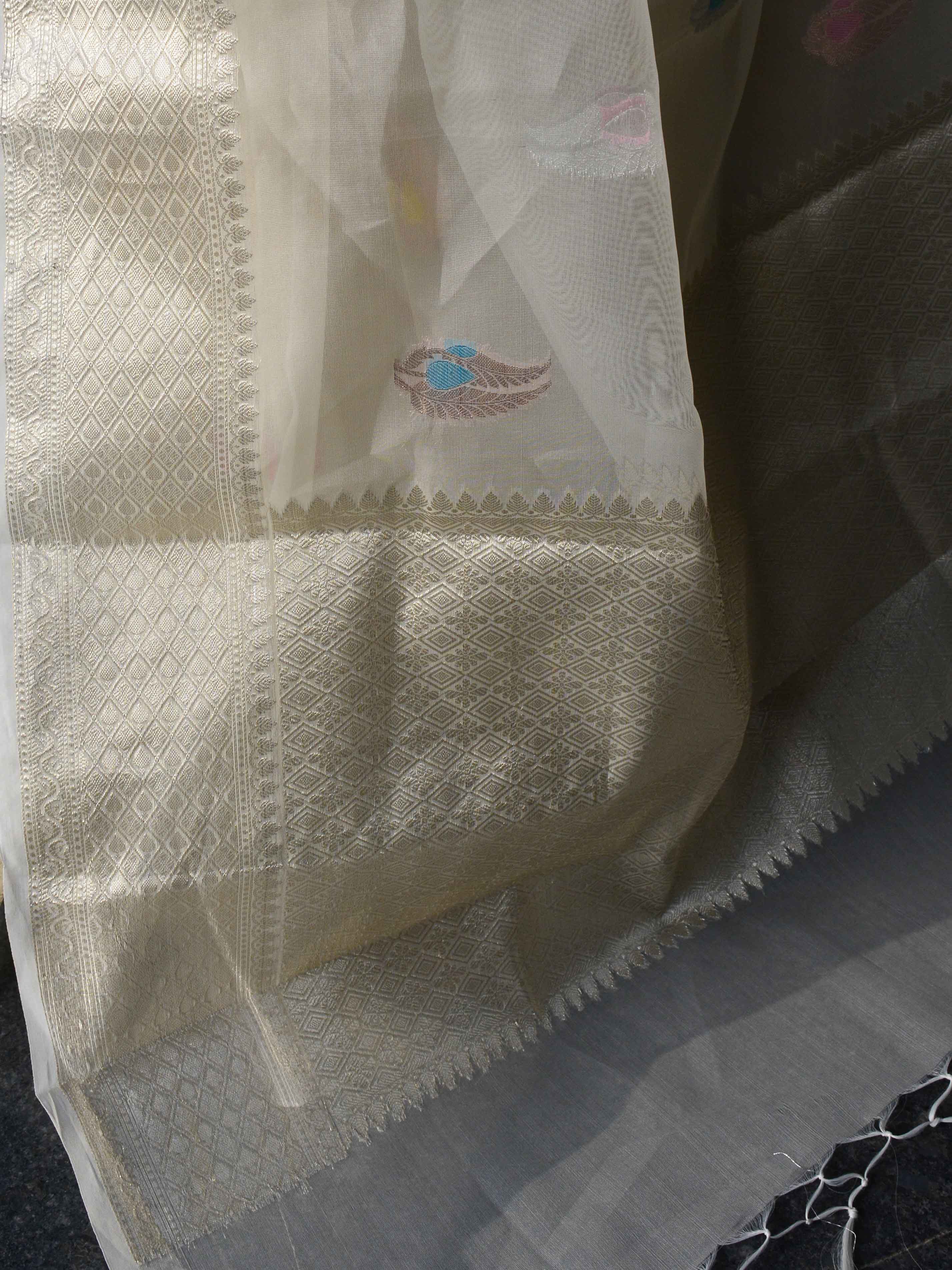 Banarasee Organza Mix Saree With Buti Design & Zari Border-Ivory white