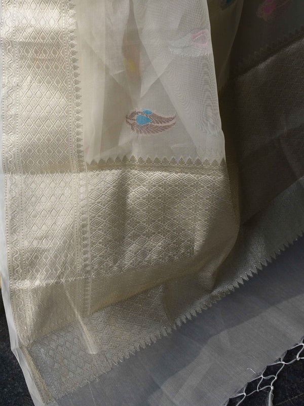 Banarasee Organza Mix Saree With Buti Design & Zari Border-Ivory white