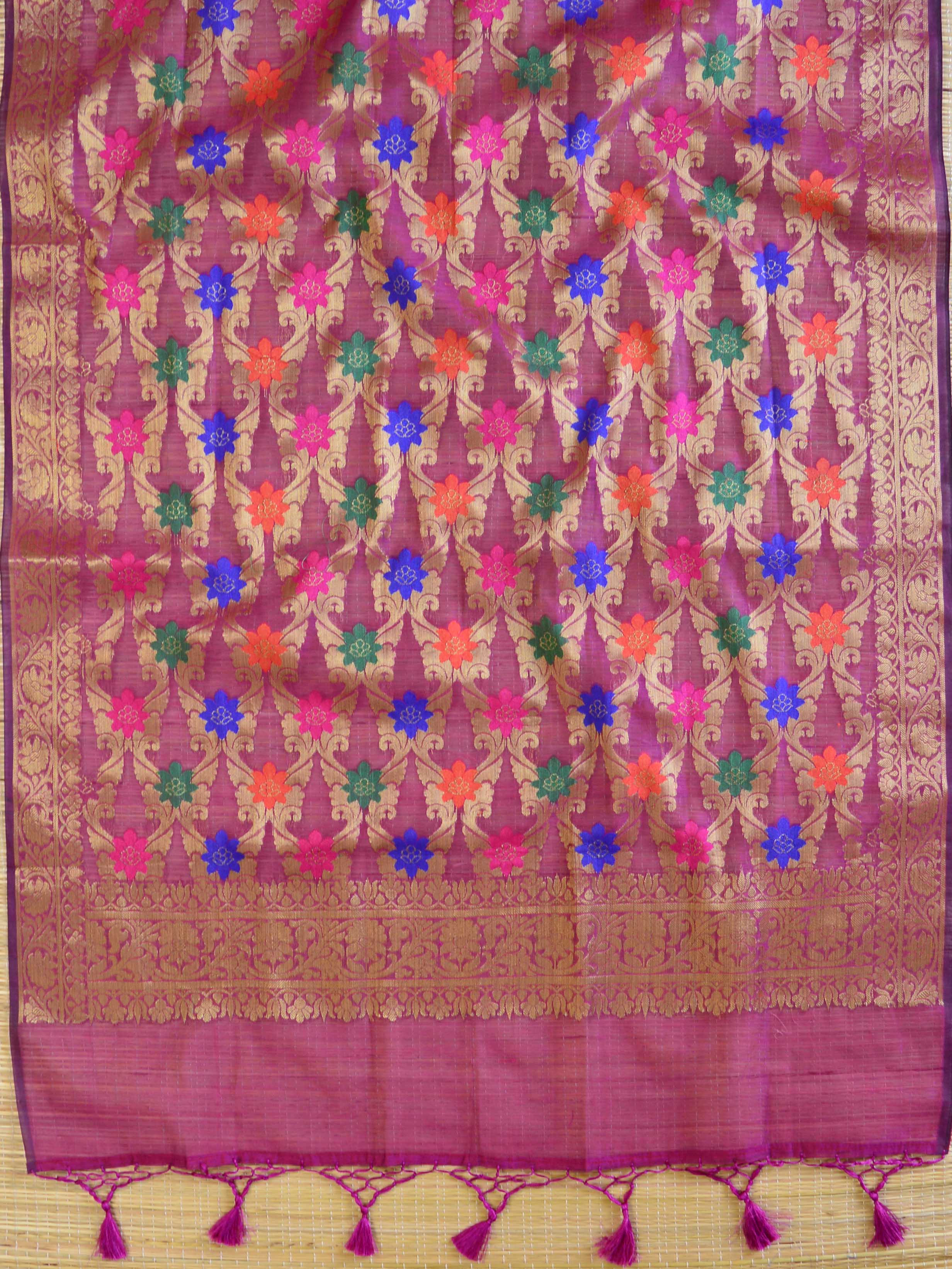 Banarasee Tissue Salwar Kameez Fabric With Contrast Silk Dupatta-Green & Wine
