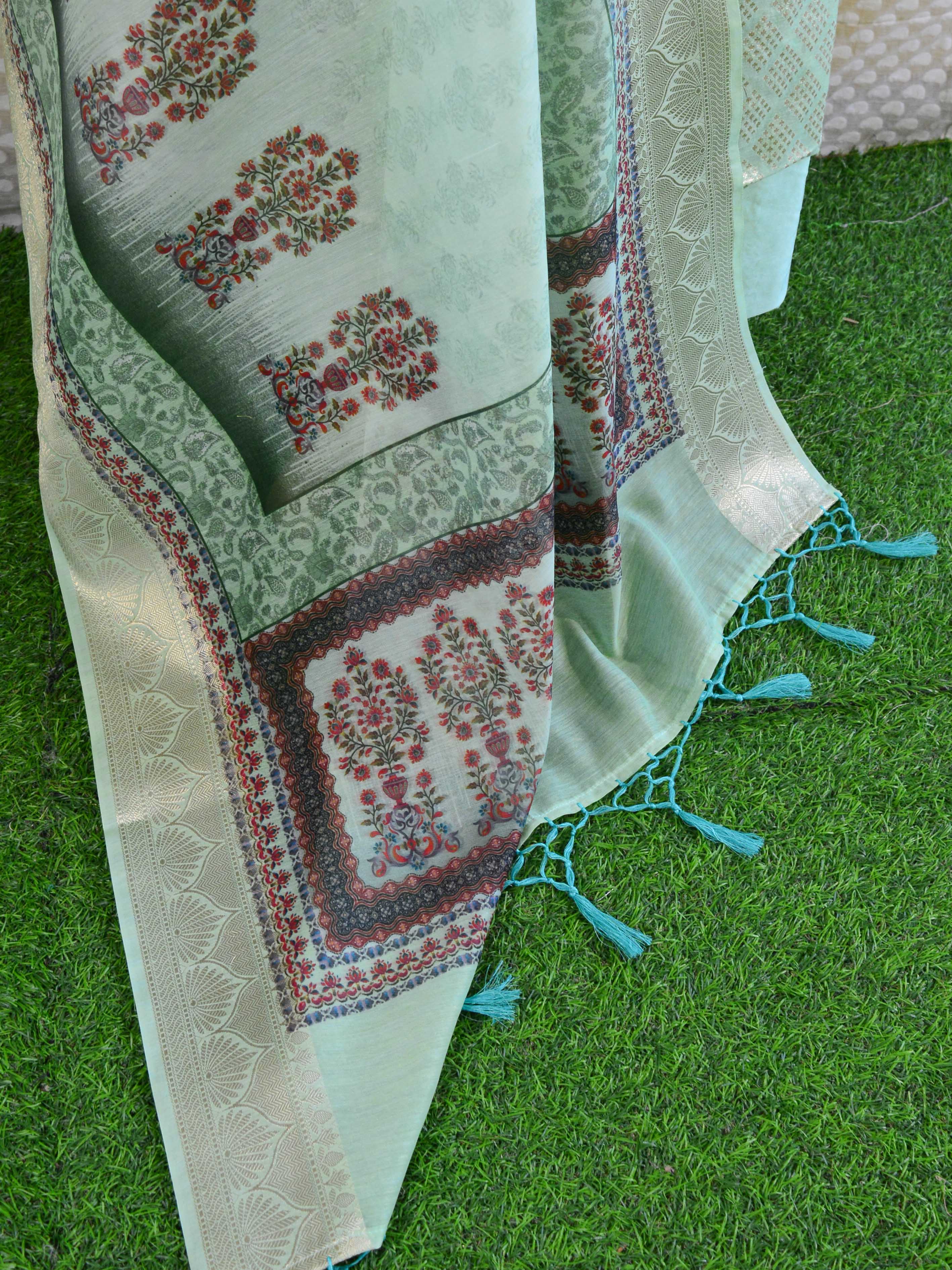Banarasee Chanderi Cotton Salwar Kameez Zari Buti Fabric With Digital Print Dupatta-Green