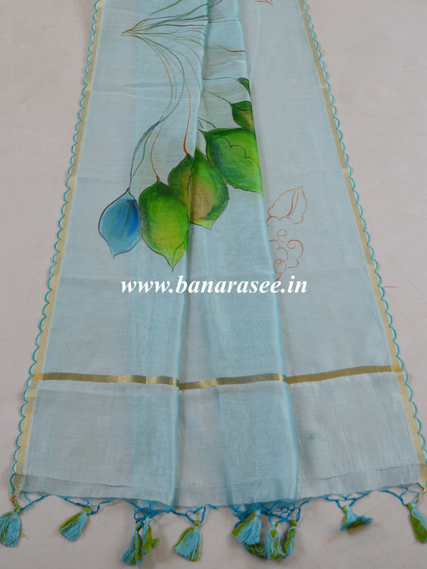 Banarasee Pure Handloom Chanderi Hand Painted Dupatta-Blue