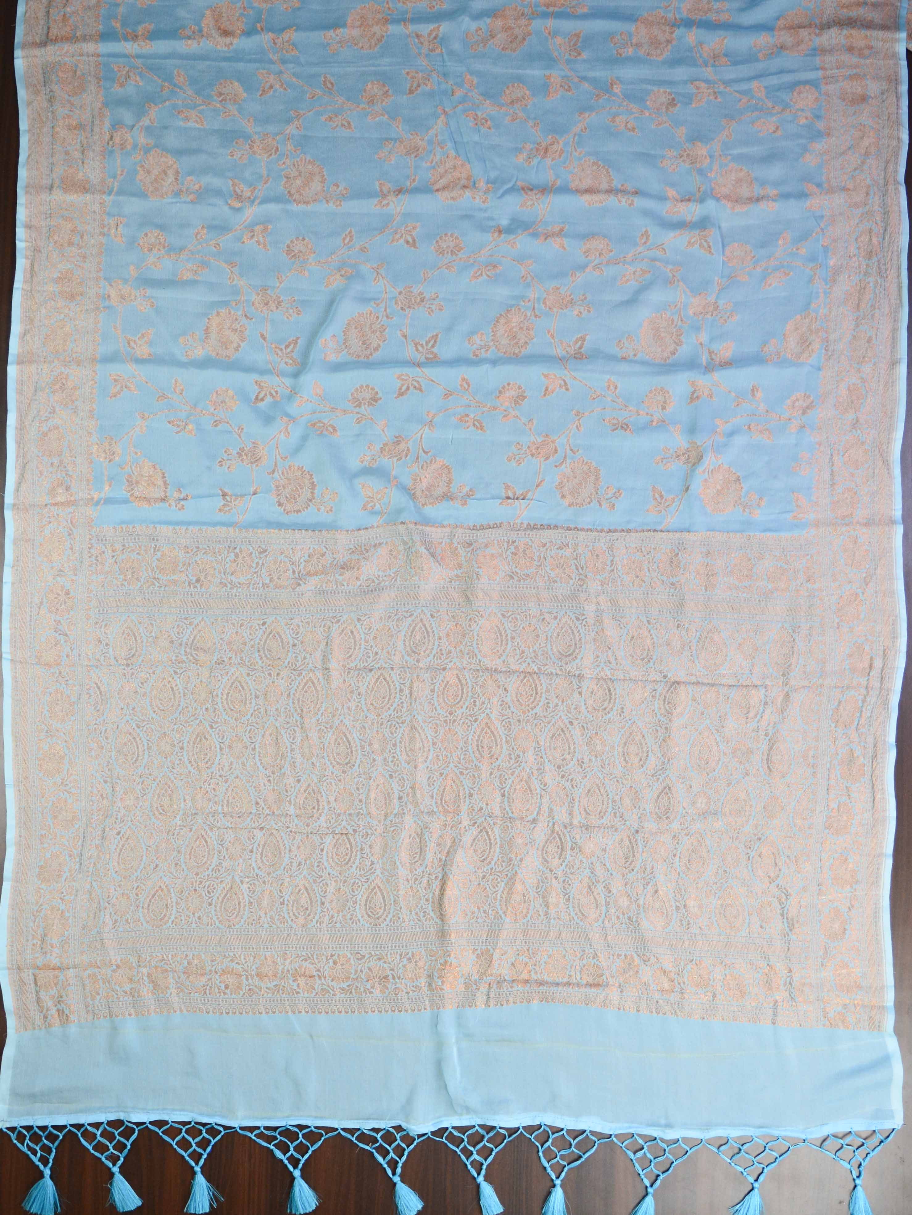 Banarasee Pure Khaddi Chiffon Silk Sari With Antique Zari Buta Design-Aqua Blue & Deep Blue Blouse