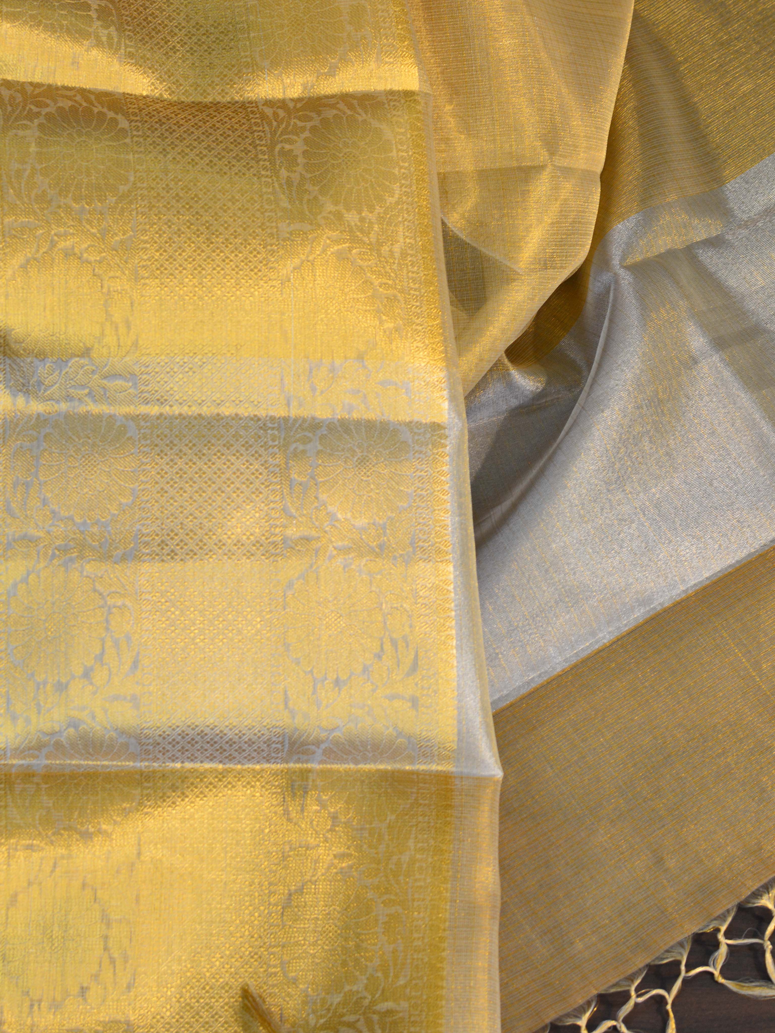 Banarasee Handwoven Broad Border Tissue Saree-Gold