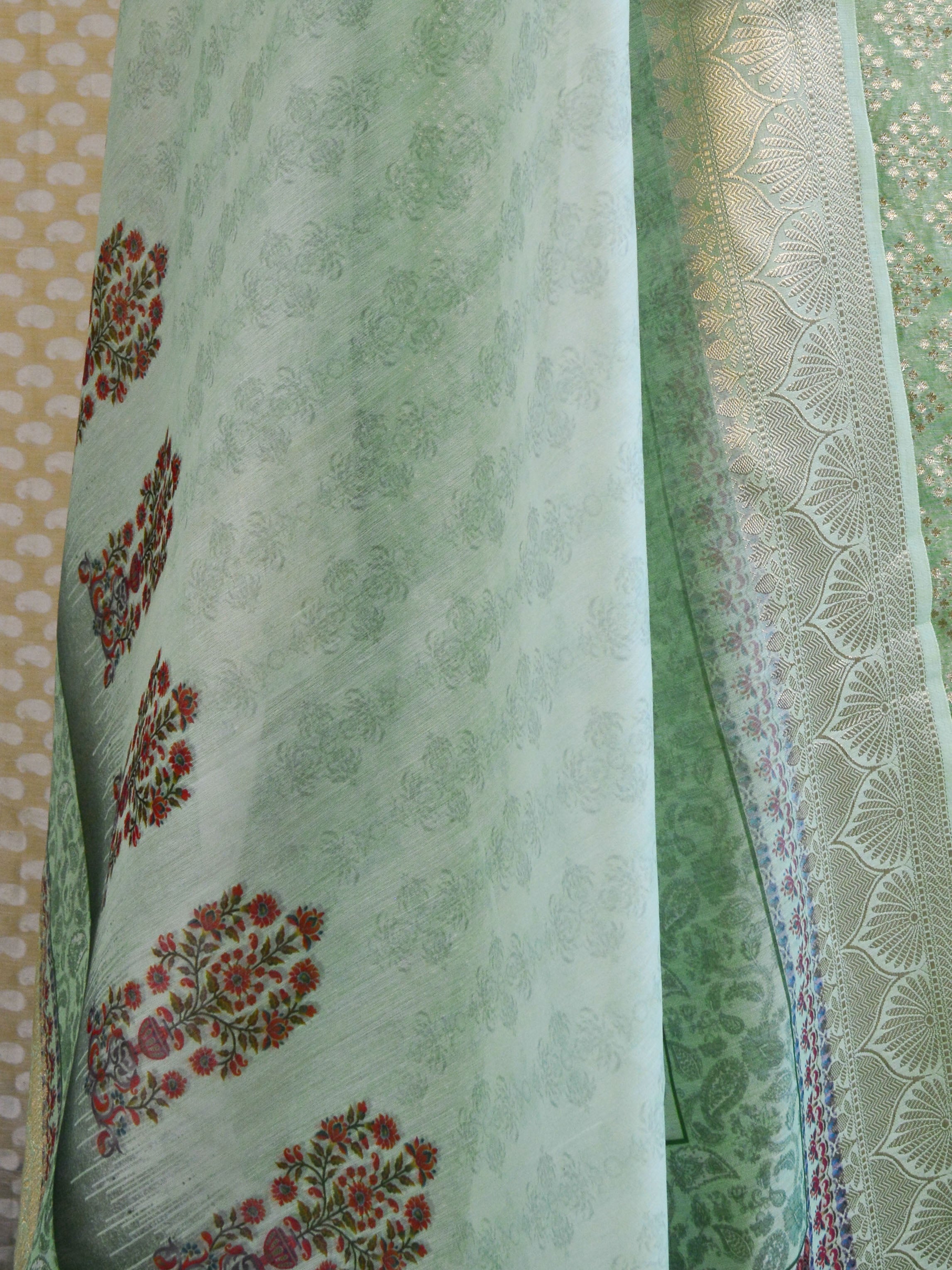 Banarasee Chanderi Cotton Salwar Kameez Zari Buti Fabric With Digital Print Dupatta-Green
