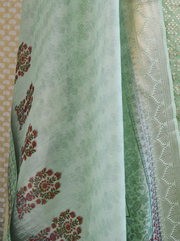 Banarasee Chanderi Cotton Salwar Kameez Zari Buti Fabric With Digital Print Dupatta-Green