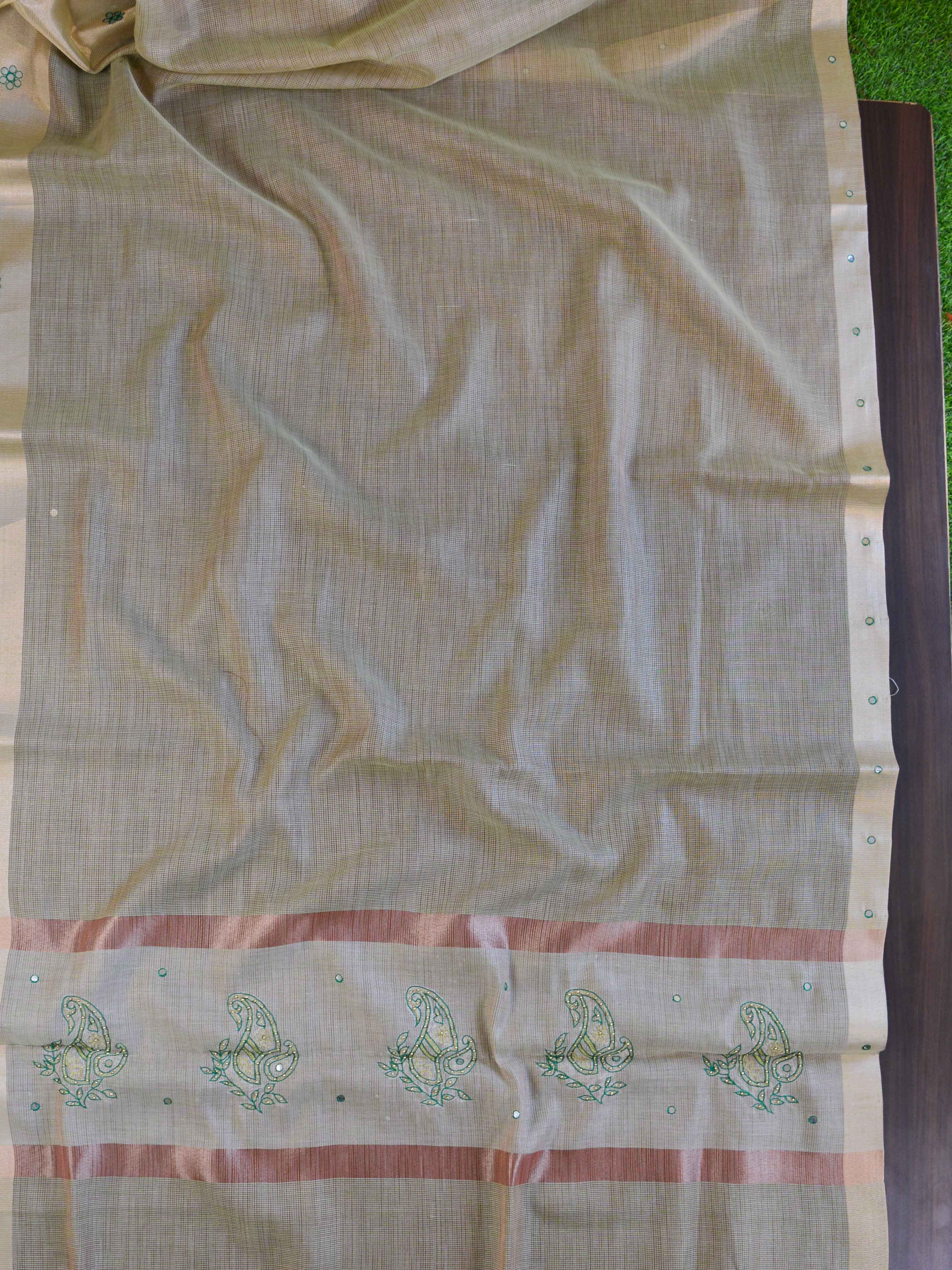 Banarasee Cotton Silk Saree With Hand-Embroidery Work-Green