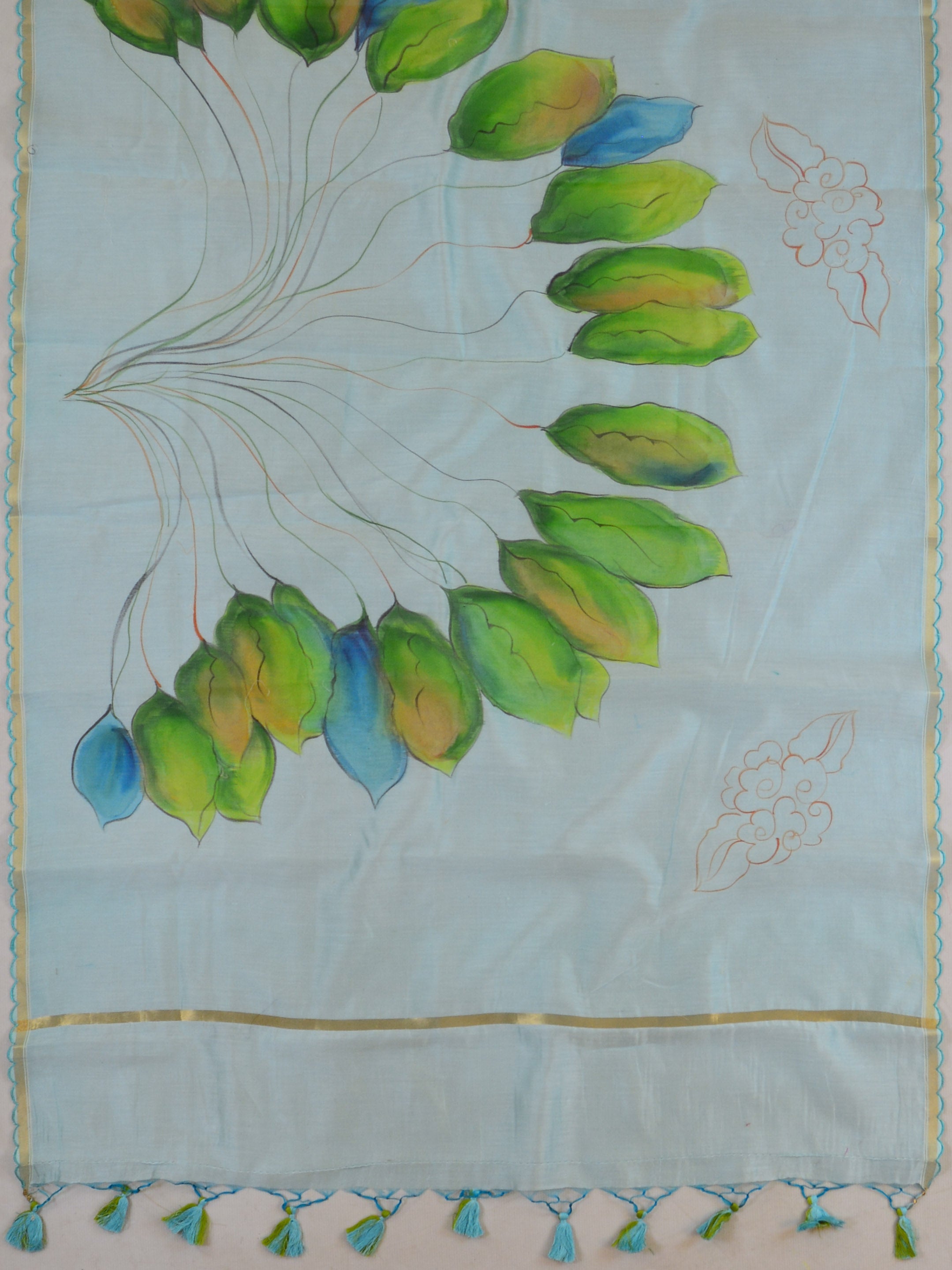 Banarasee Pure Handloom Chanderi Hand Painted Dupatta-Blue