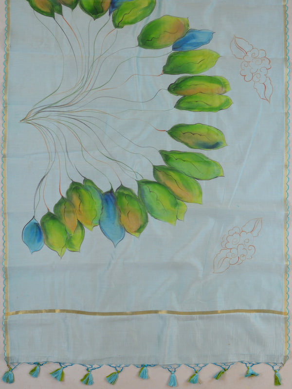 Banarasee Pure Handloom Chanderi Hand Painted Dupatta-Blue