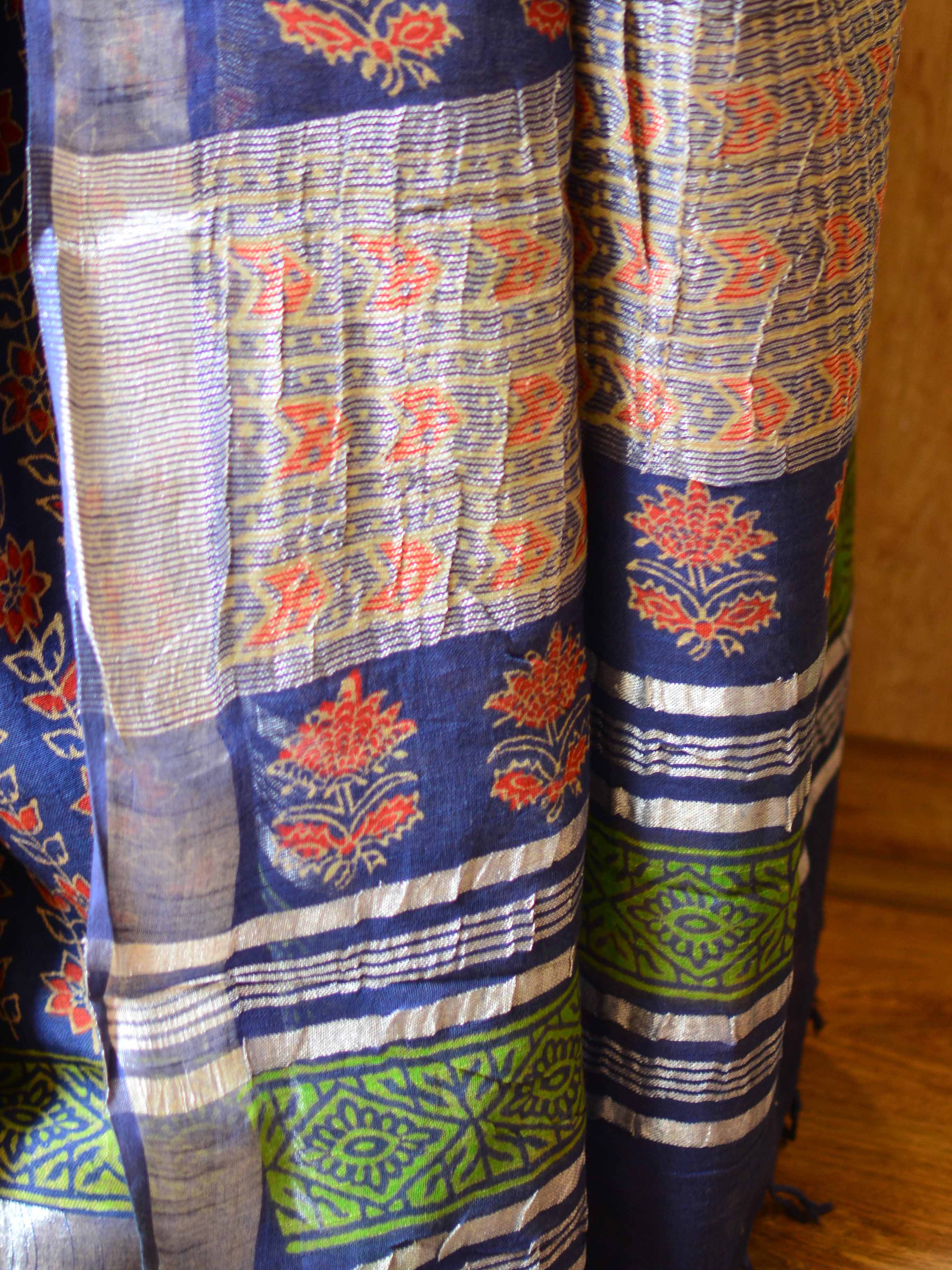 Banarasee Linen Cotton Bagru Hand-Block Printed Saree-Blue