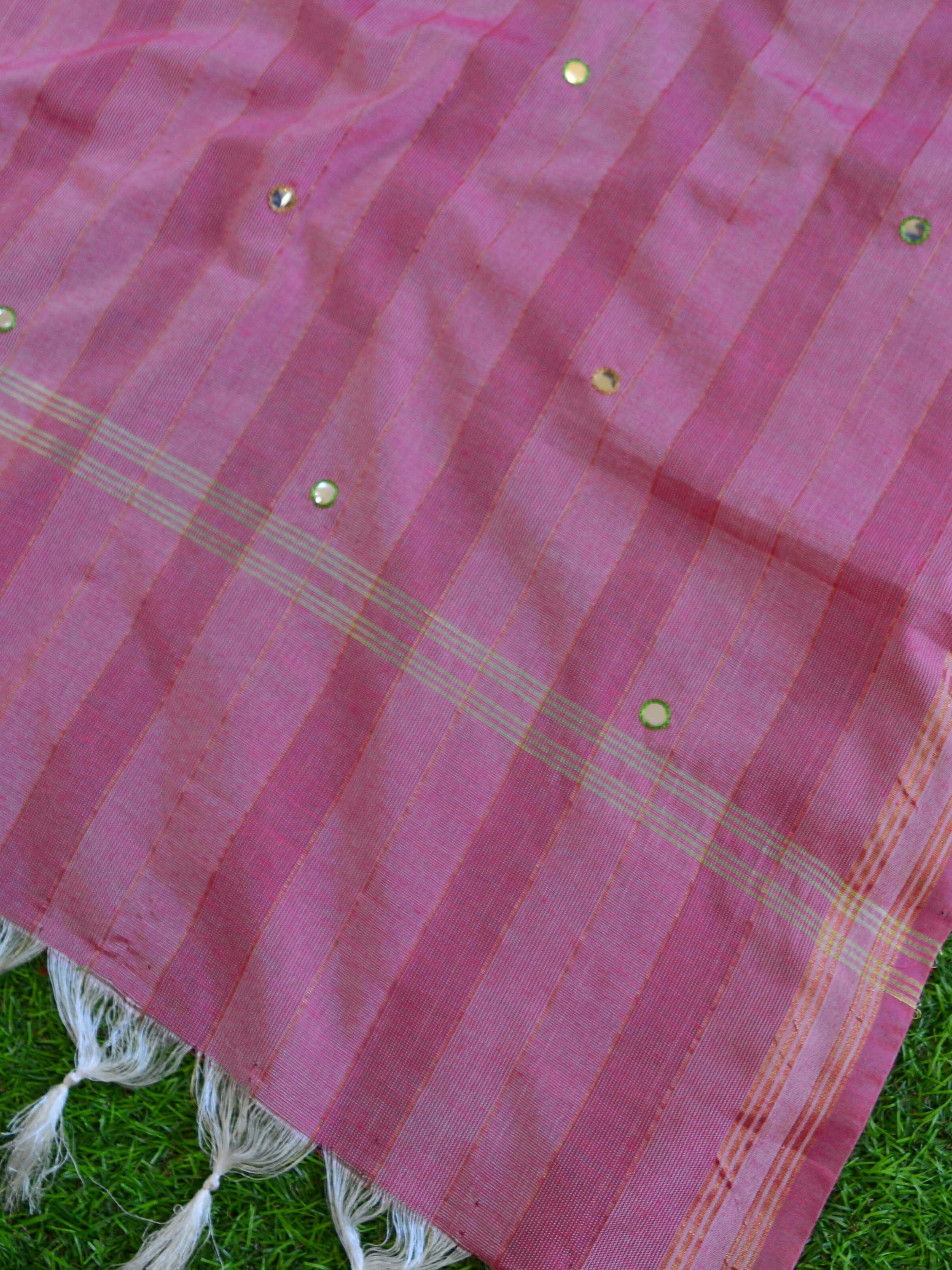 Banarasee Brocade Salwar Kameez Fabric With Mirror Work-Beige & Pink