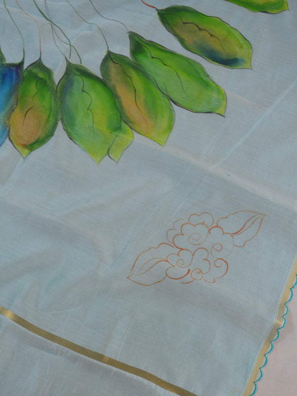 Banarasee Pure Handloom Chanderi Hand Painted Dupatta-Blue