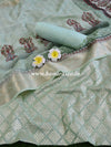 Banarasee Chanderi Cotton Salwar Kameez Zari Buti Fabric With Digital Print Dupatta-Green