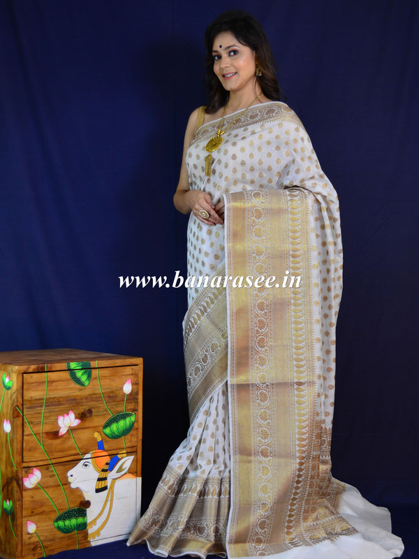 Banarasee Handwoven Semi Silk Saree With Antique Zari Border-White