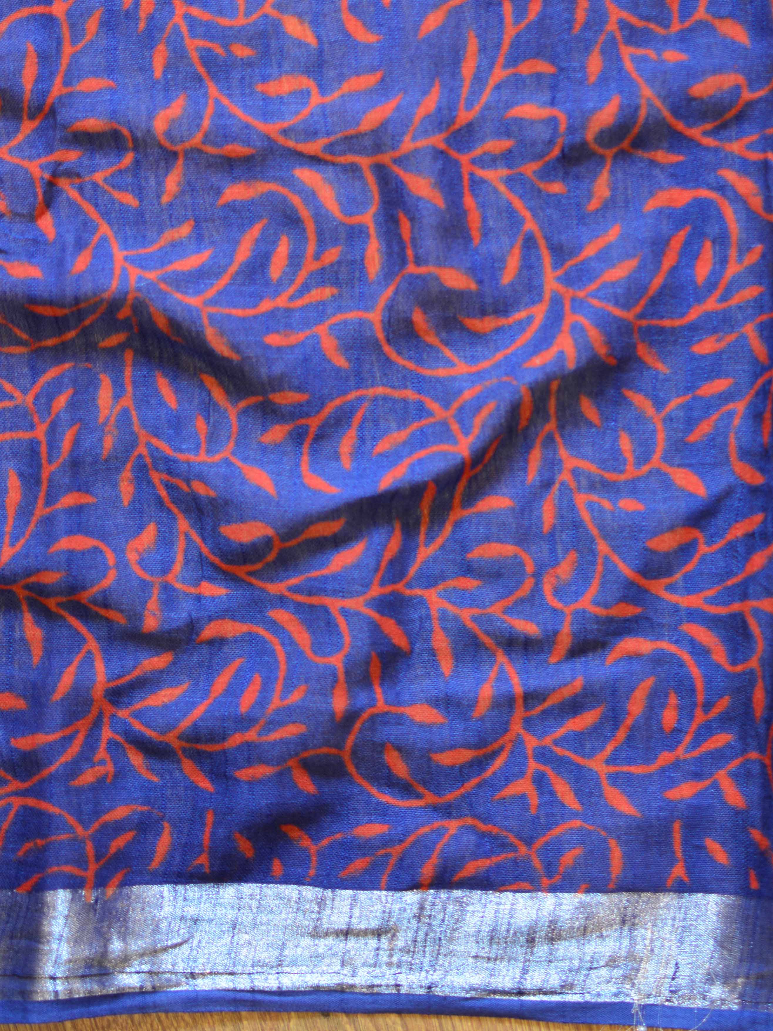 Banarasee Linen Cotton Bagru Hand-Block Printed Saree-Blue