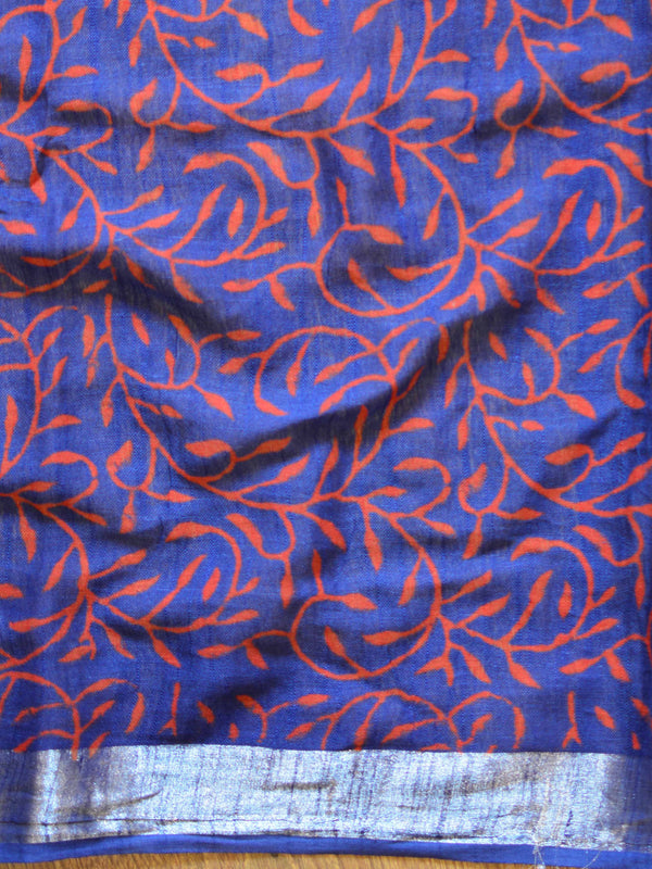 Banarasee Linen Cotton Bagru Hand-Block Printed Saree-Blue