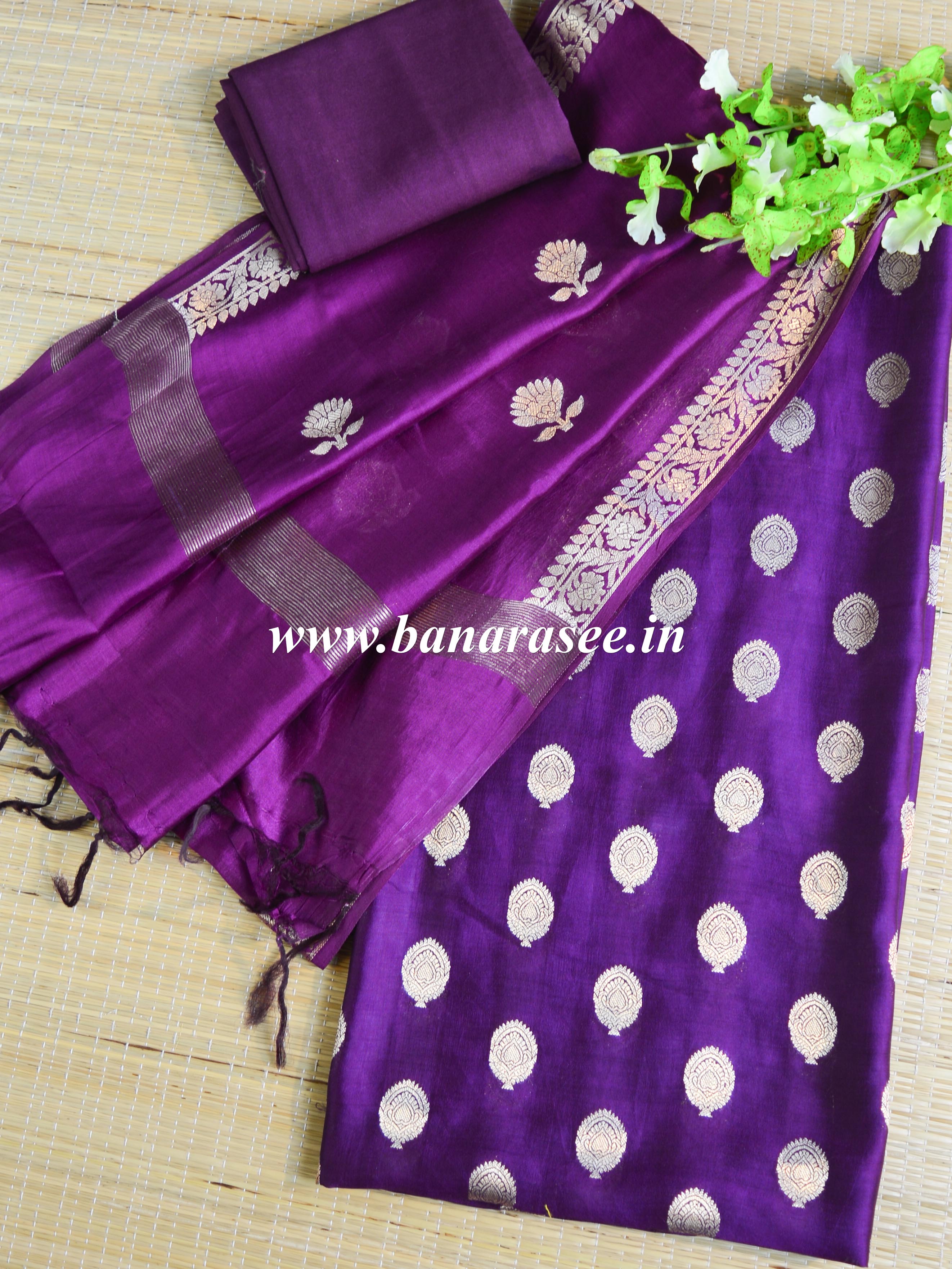 Banarasee Handloom Pure Silk Zari Buti Salwar Kameez Fabric With Dupatta-Purple