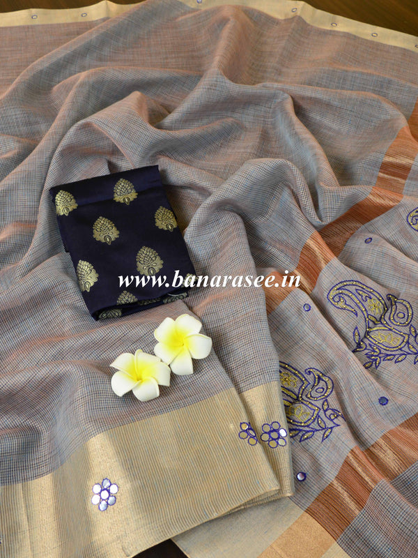 Banarasee Cotton Silk Saree With Hand-Embroidery Work-Blue