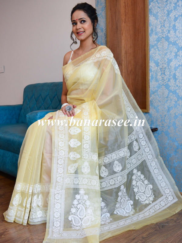 Banarasee Handwoven Organza Silk Floral Embroidery Saree-Yellow