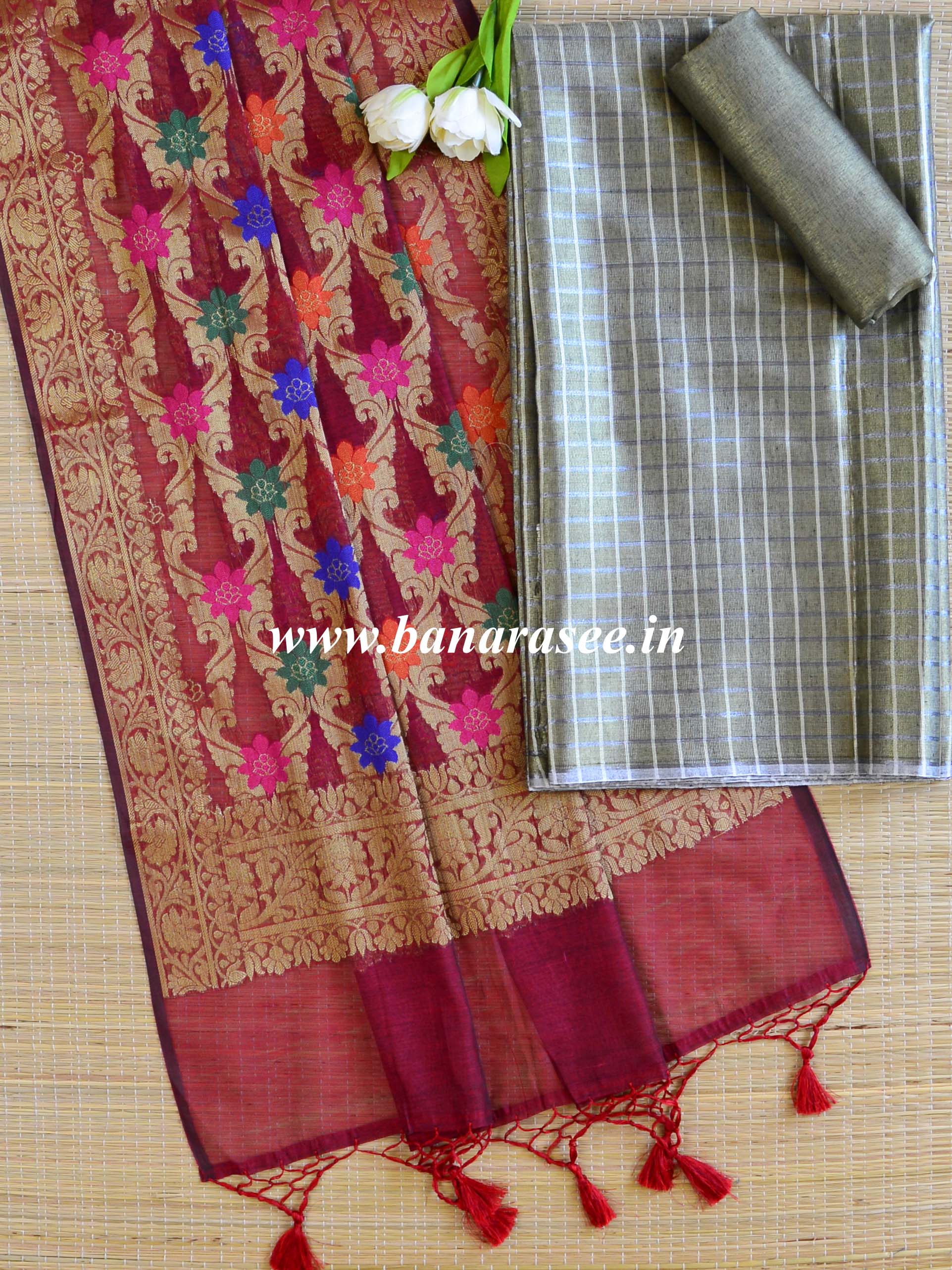 Banarasee Tissue Salwar Kameez Fabric With Contrast Silk Dupatta-Grey & Maroon