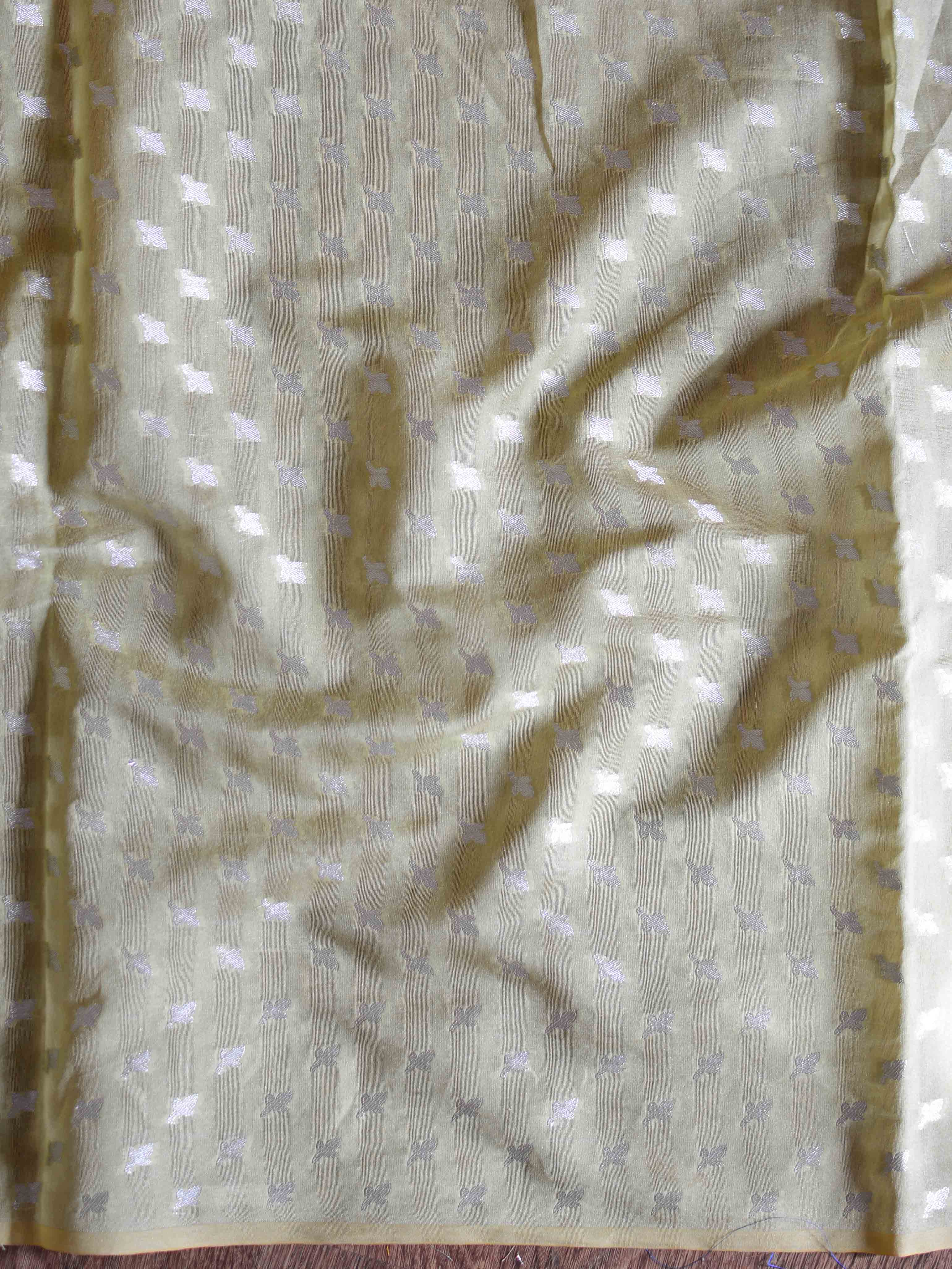 Banarasee Handwoven Cotton Silk With Silver Zari Buti & Border-Pastel Green