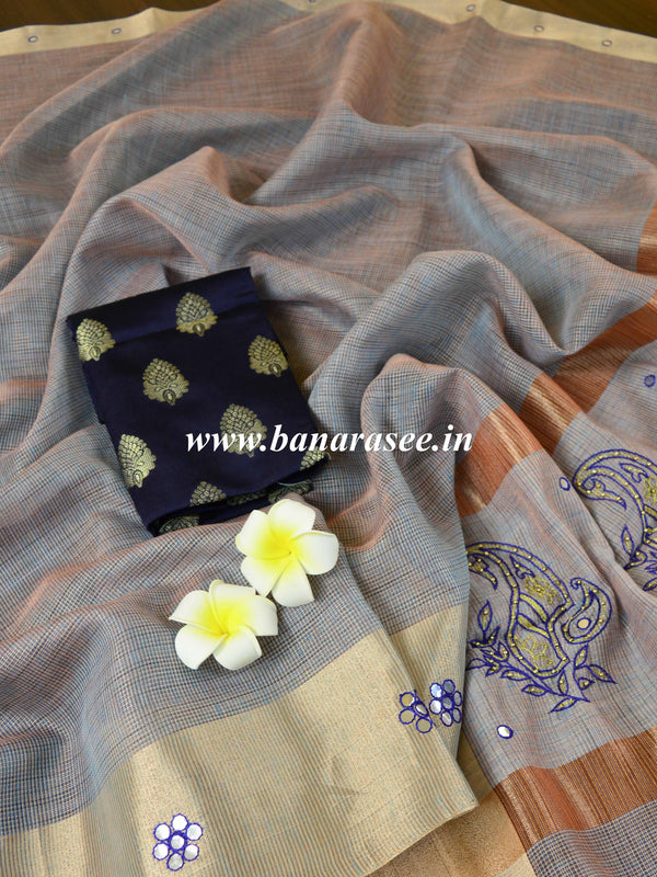 Banarasee Cotton Silk Saree With Hand-Embroidery Work-Blue