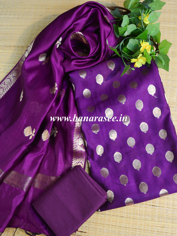 Banarasee Handloom Pure Silk Zari Buti Salwar Kameez Fabric With Dupatta-Purple