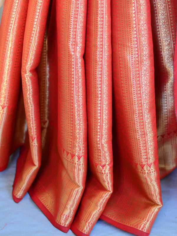 Kanjivaram Art Silk Saree With Antique Zari Jaal Design-Red