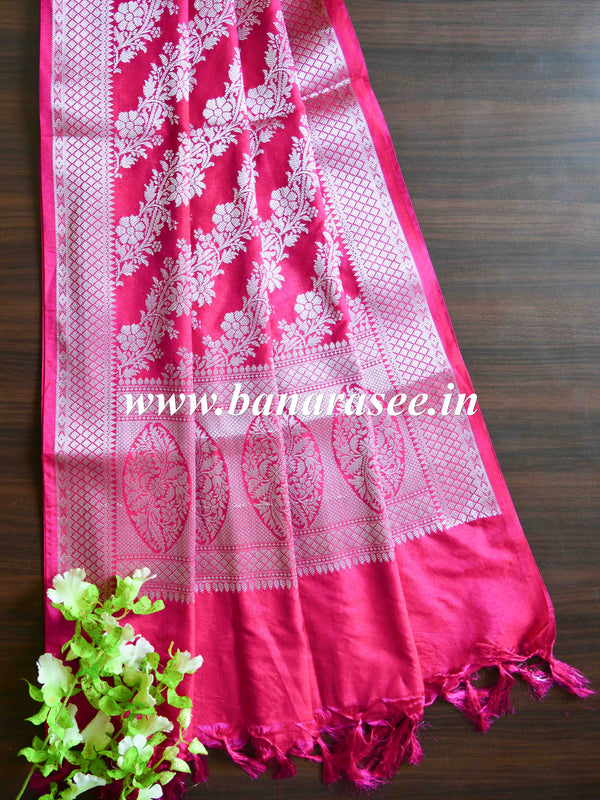 Banarasee Art Silk Dupatta Floral Stripes Design-Pink