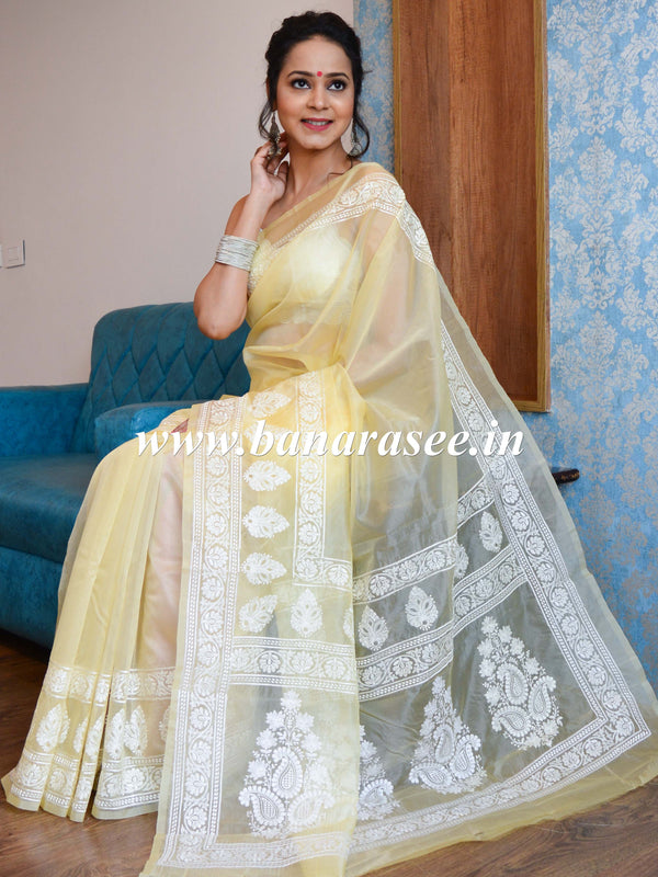 Banarasee Handwoven Organza Silk Floral Embroidery Saree-Yellow