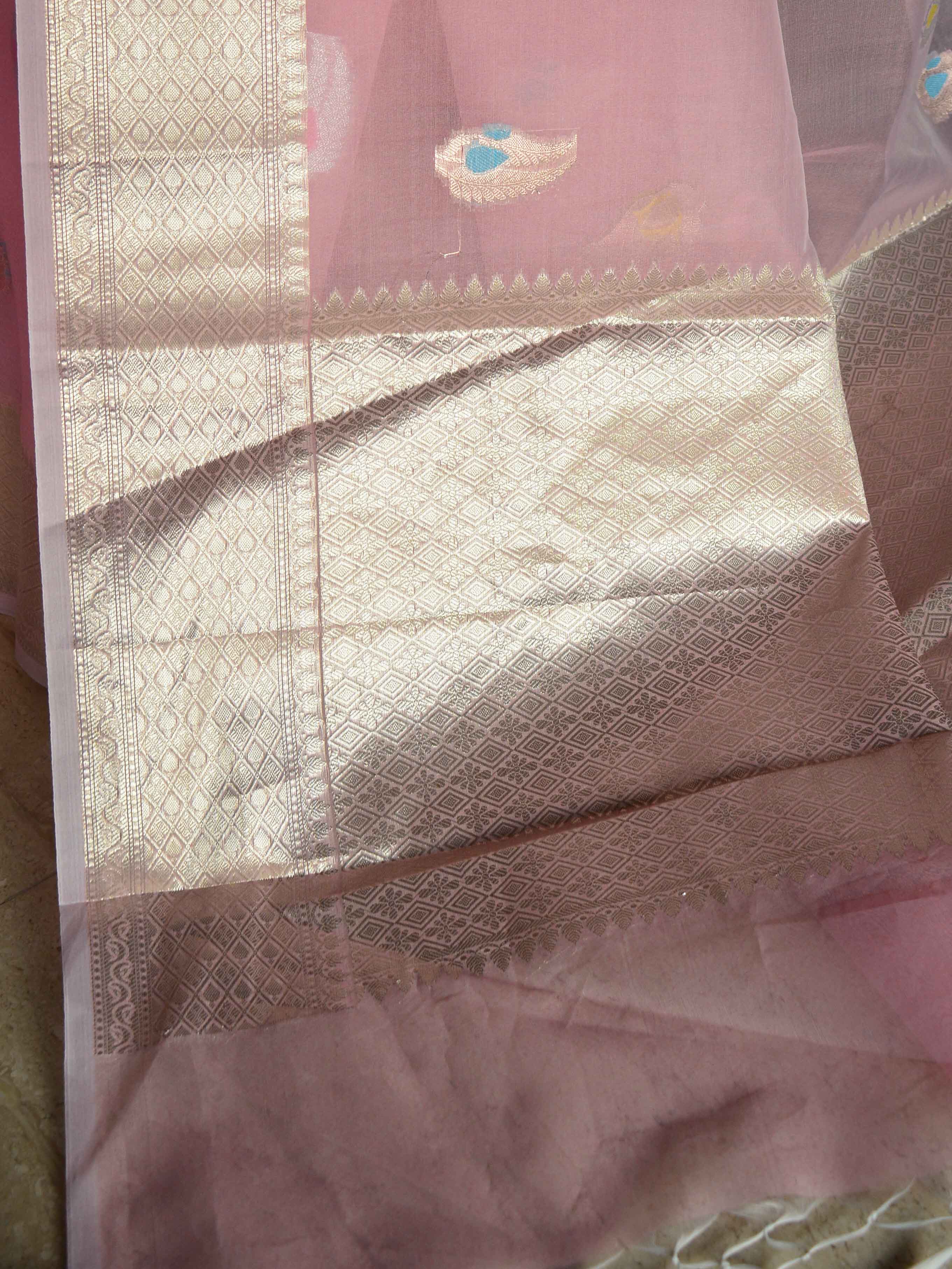 Banarasee Organza Mix Saree With Buti Design & Zari Border-Pink