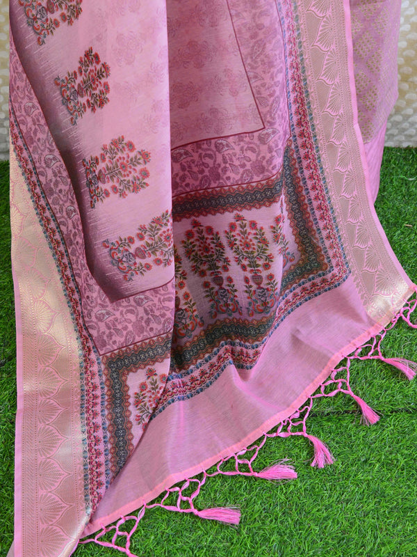 Banarasee Chanderi Cotton Salwar Kameez Zari Buti Fabric With Digital Print Dupatta-Pink