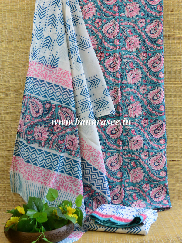 Handloom Mul Cotton Handblock Printed Suit Set-White & Blue