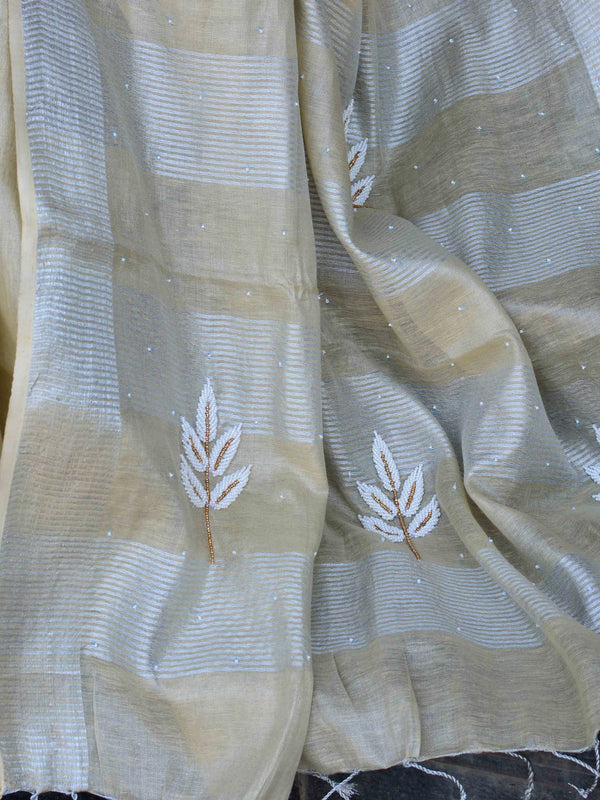 Banarasee Handloom Pure Linen By Tissue Saree With Pearl Embroidery-Beige