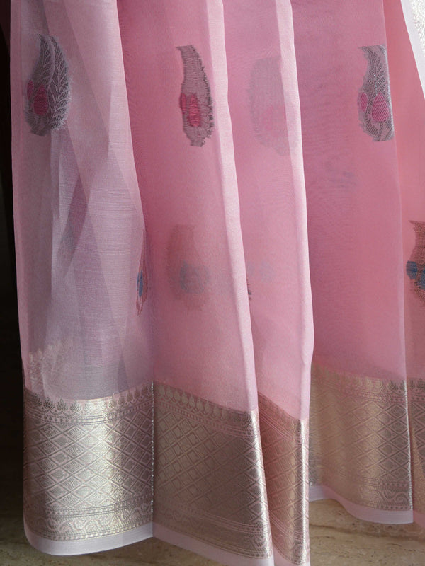 Banarasee Organza Mix Saree With Buti Design & Zari Border-Pink