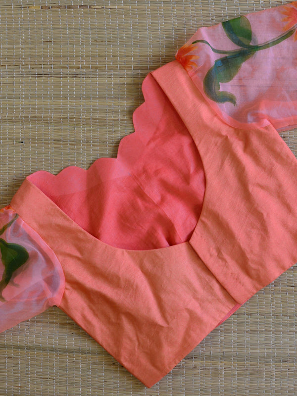 Banarasee Silk Blouse With Organza Silk Sleeves-Peach