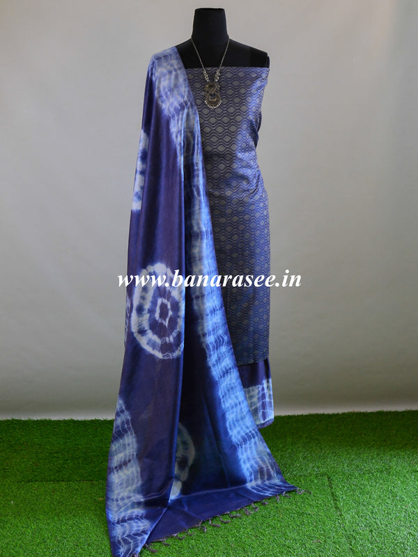 Handloom Silk Cotton Ghichha Woven Shibori Dupatta Suit Set-Blue