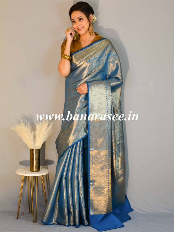 Kanjivaram Art Silk Saree With Antique Zari Jaal Design-Blue