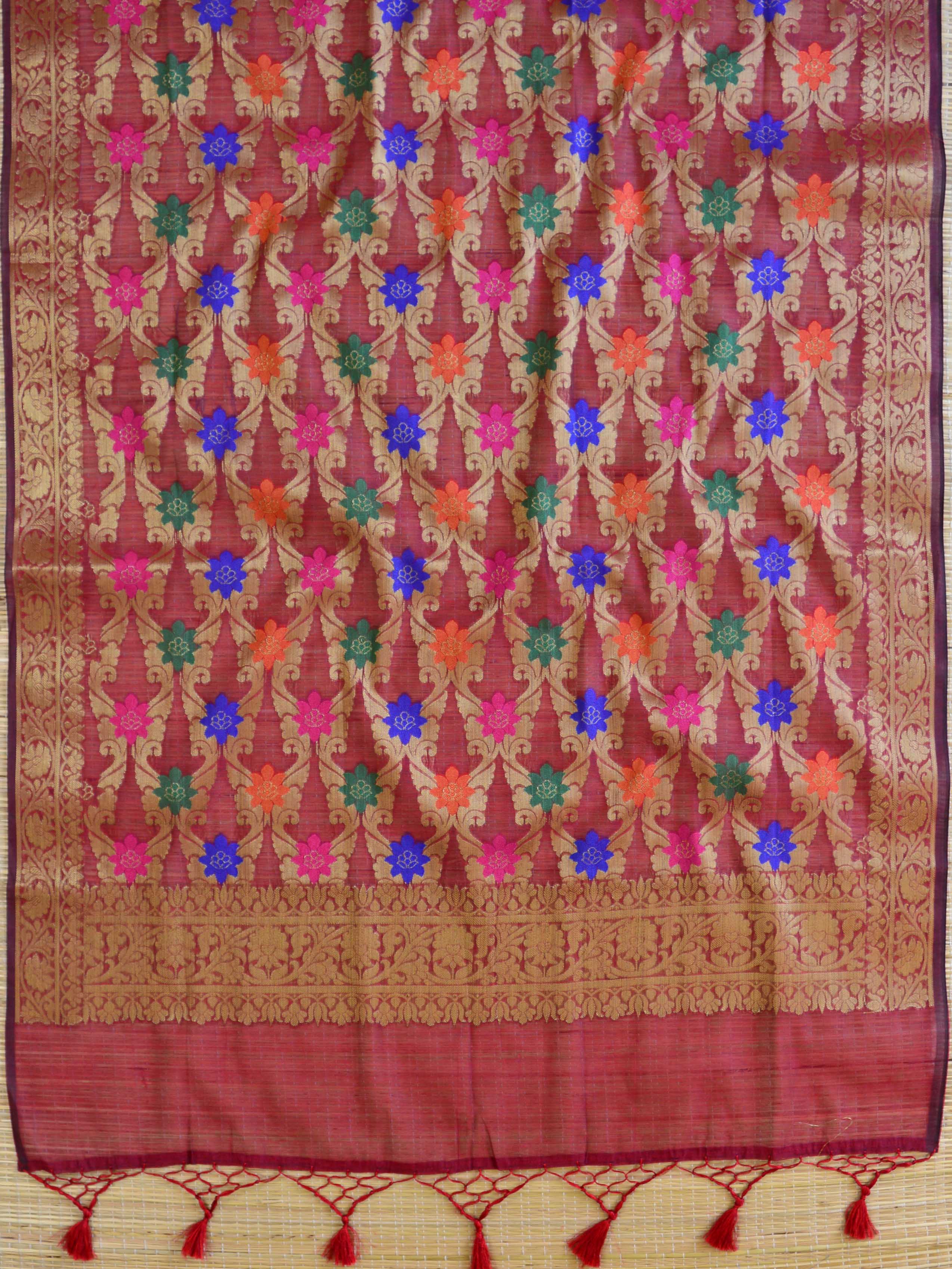 Banarasee Tissue Salwar Kameez Fabric With Contrast Silk Dupatta-Grey & Maroon